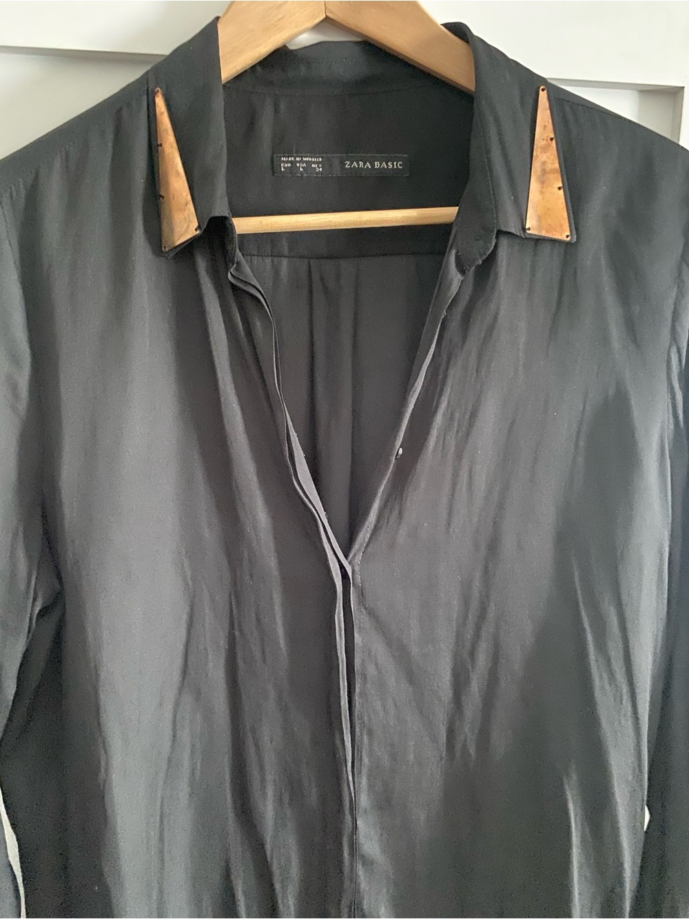 Zara Basic Black Blouse with Metallic Collar Tips